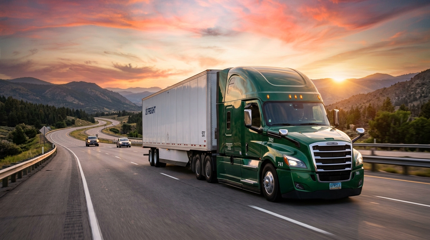 A tractor-trailer travelling on an open highway