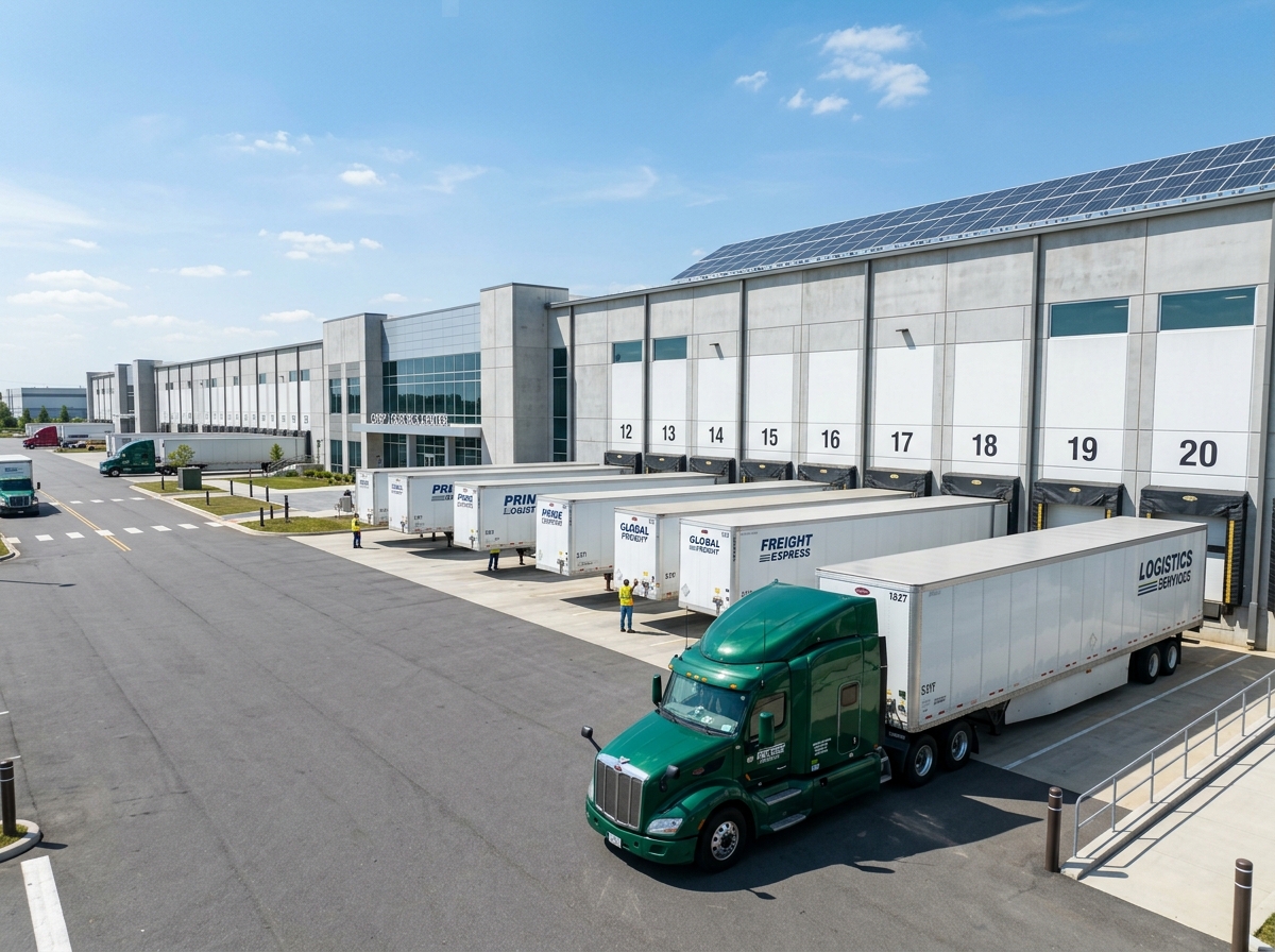A truck at a warehouse dock, representing JJ Logistics operations